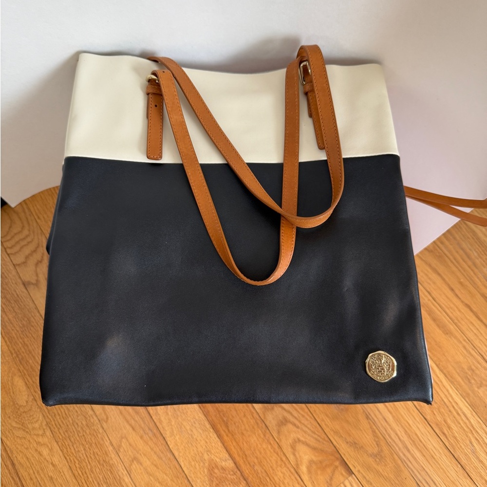 Vince Camuto Tyler Tote Black Ivory Colorblock Faux Leather Work Bag